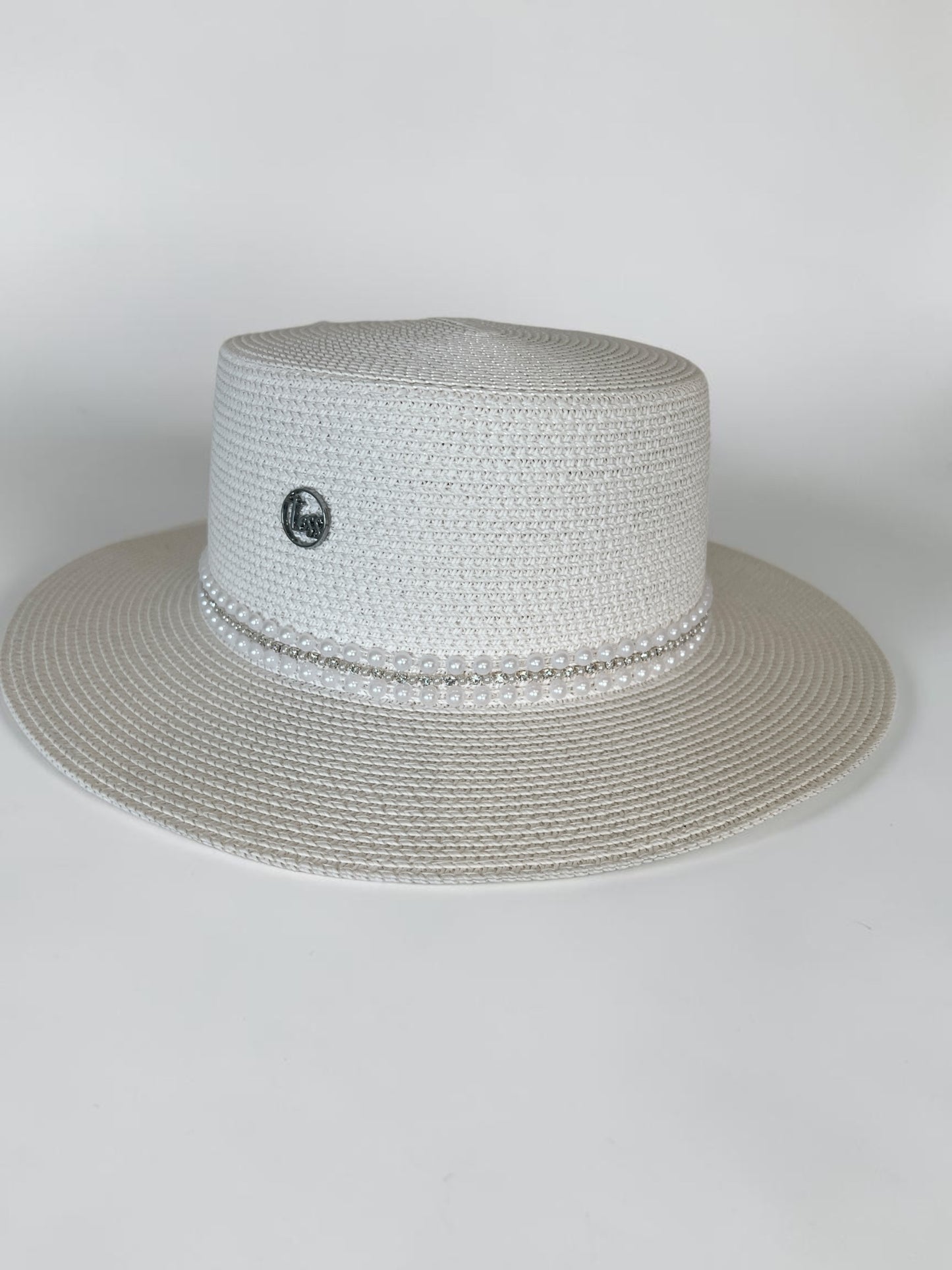Chapeau blanc paille avec bande de strass taille unique