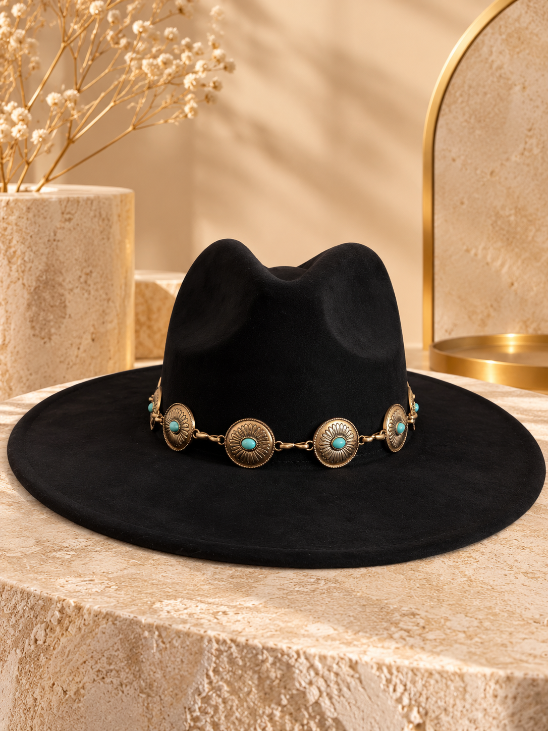 Fedora bord large chaîne doré/turquoise