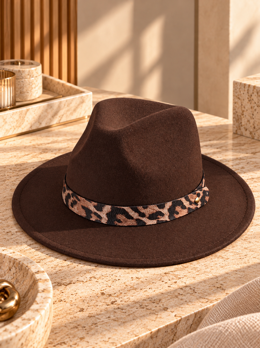 Fedora bord court ceinture léopard