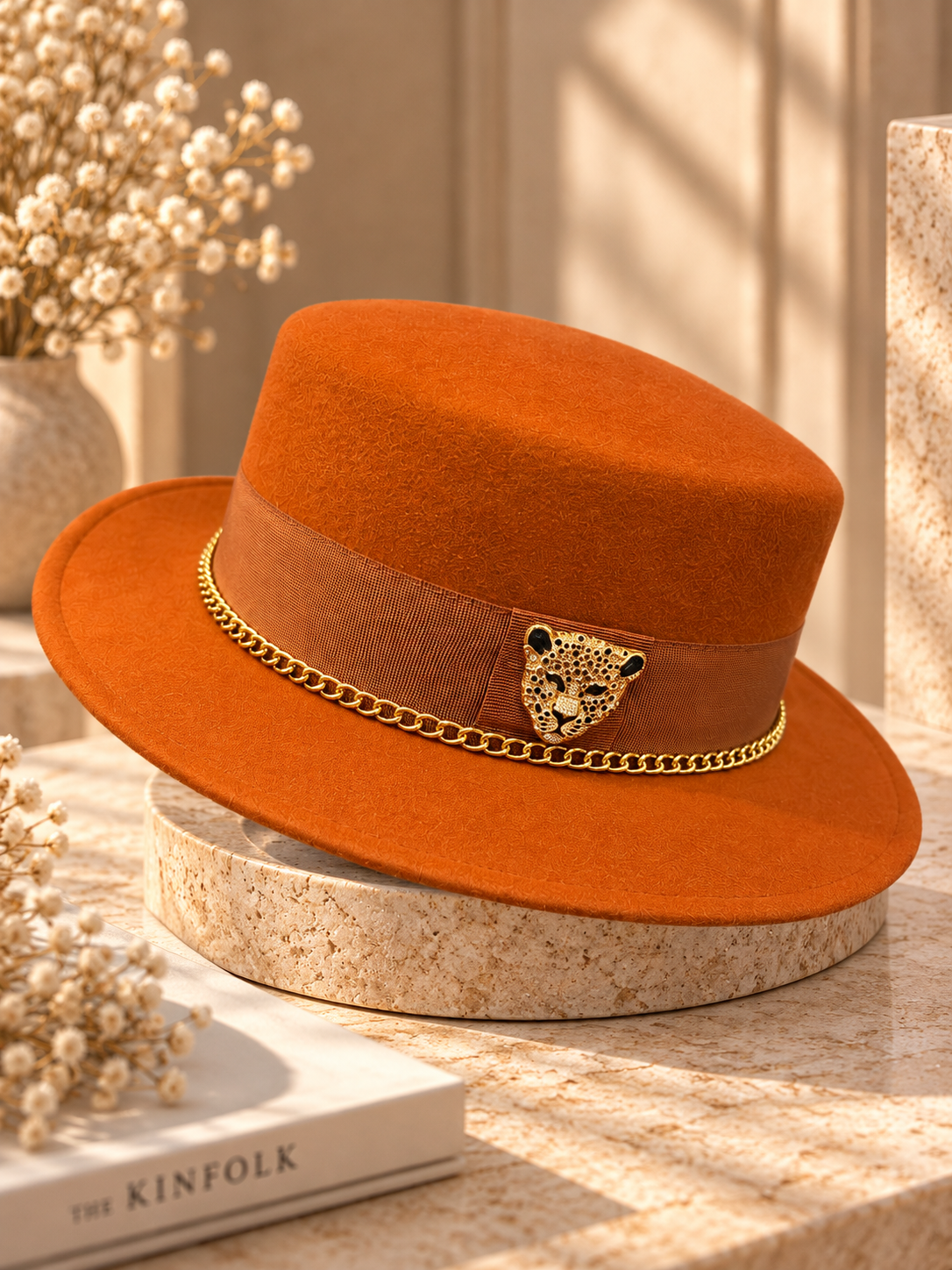 Canotier chaîne avec broche léopard doré
