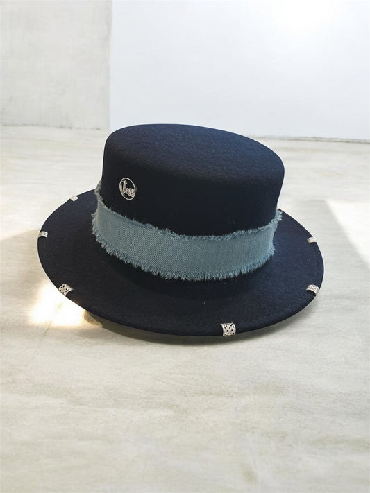 Canotier en laine à ruban jean, Tess Atelier