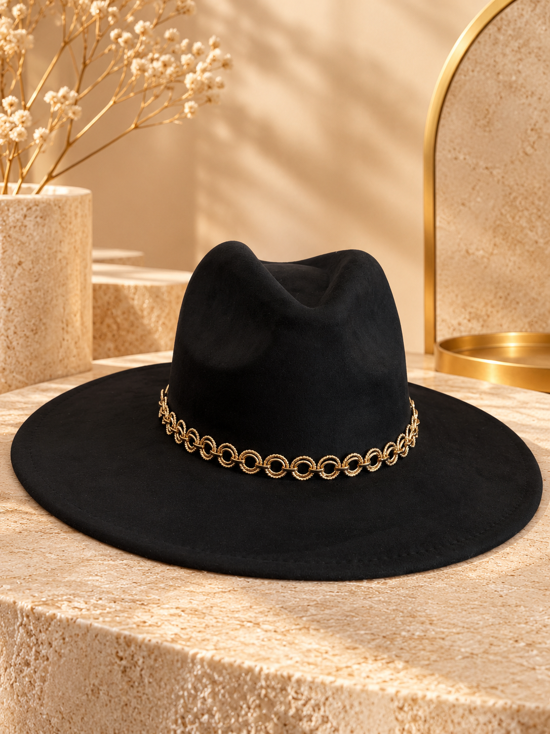 Fedora bord large à chaîne dorée