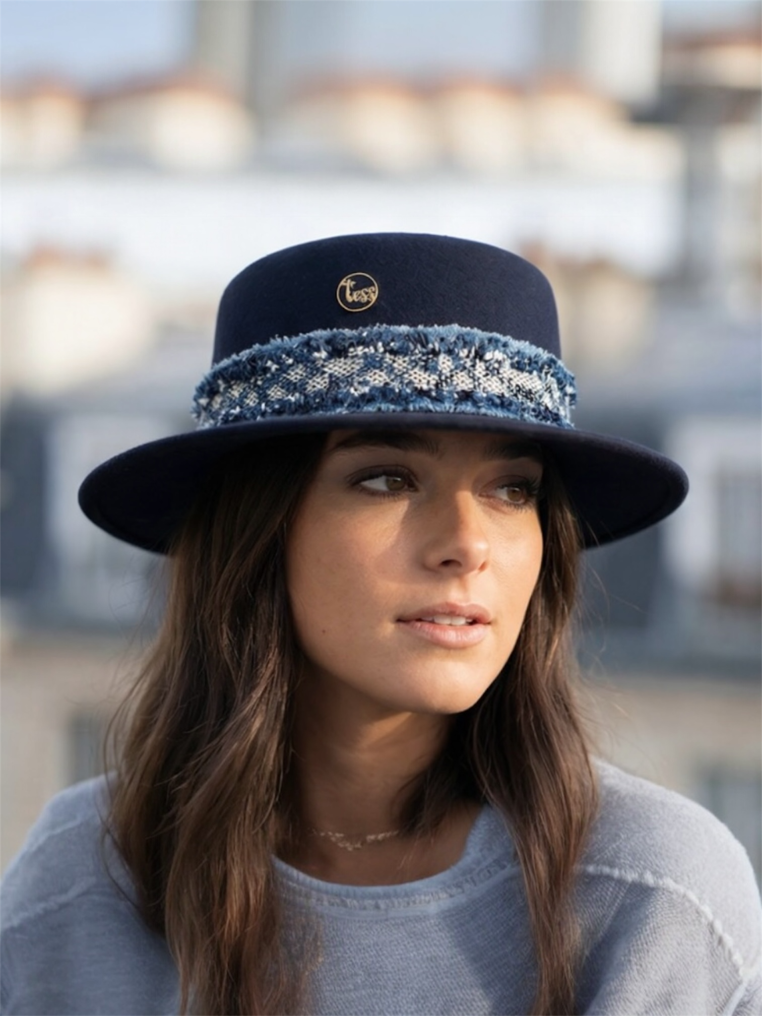 Canotier en laine à ruban jean et tweed, Tess Atelier