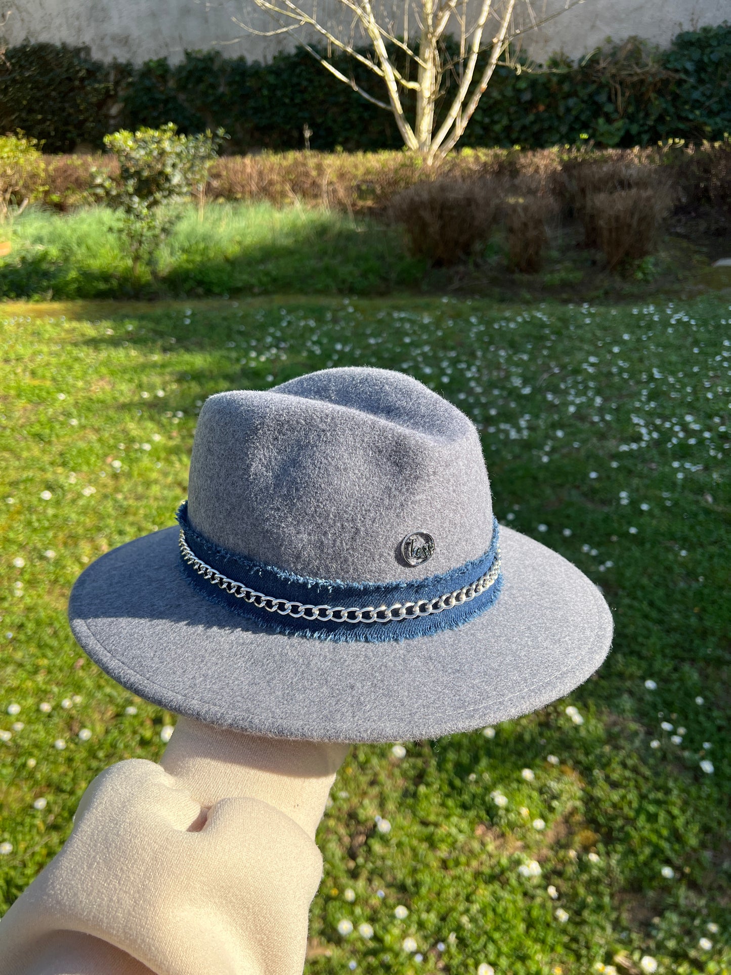 Fedora gris chiné mix ruban jean/chaîne