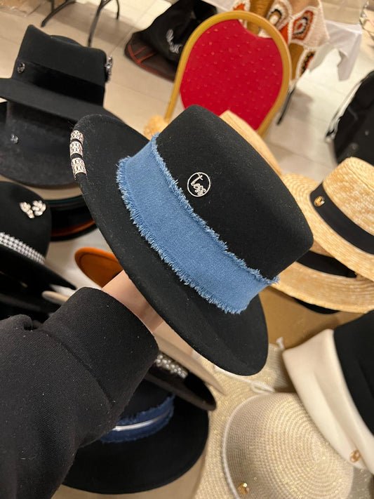 Canotier en laine noir à ruban jean, Tess Atelier