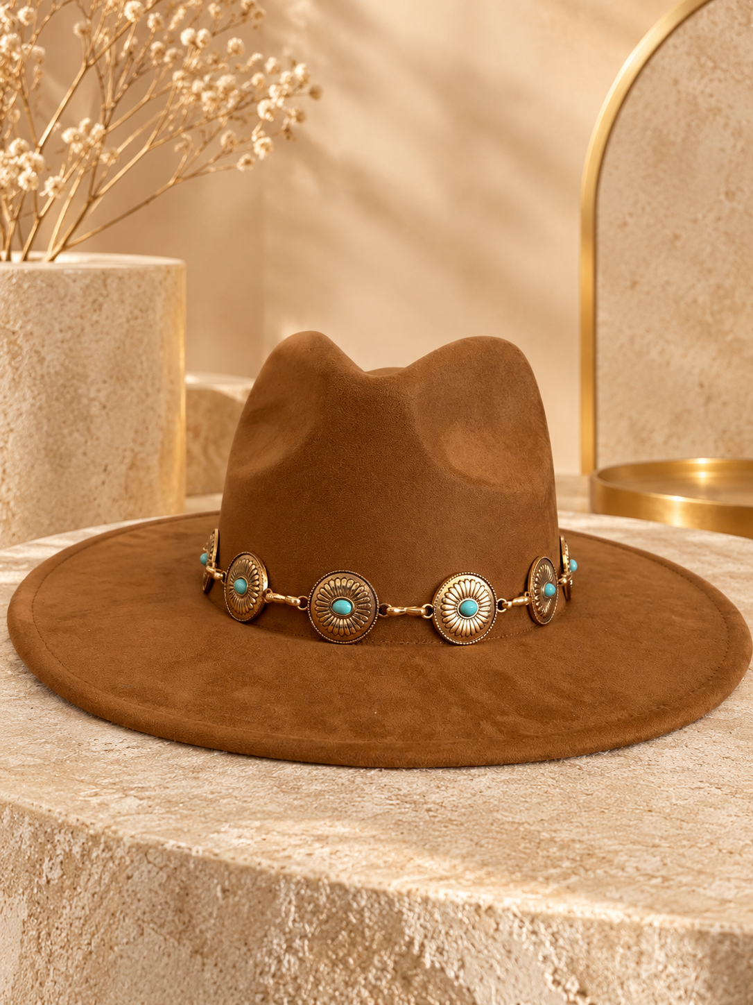 Fedora bord large chaîne doré/turquoise