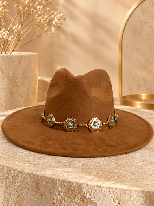 Fedora bord large chaîne doré/turquoise